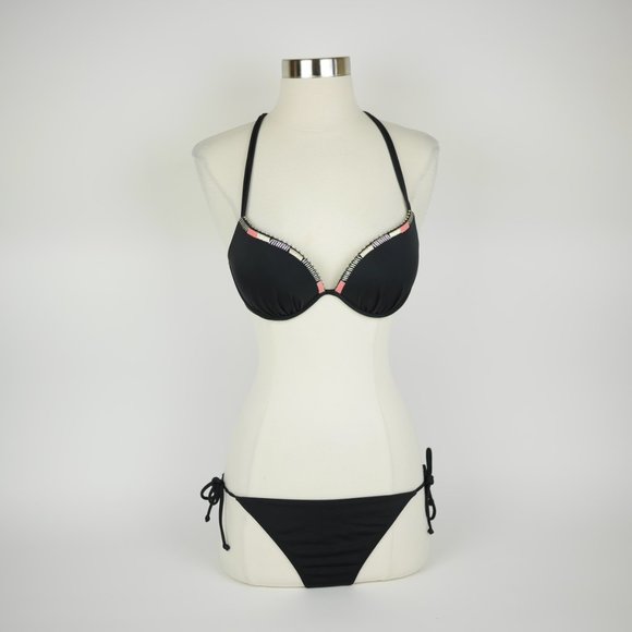 VICTORIA'S SECRET Swim Bikini Black pink trim push up top 34B - Tied bottoms M